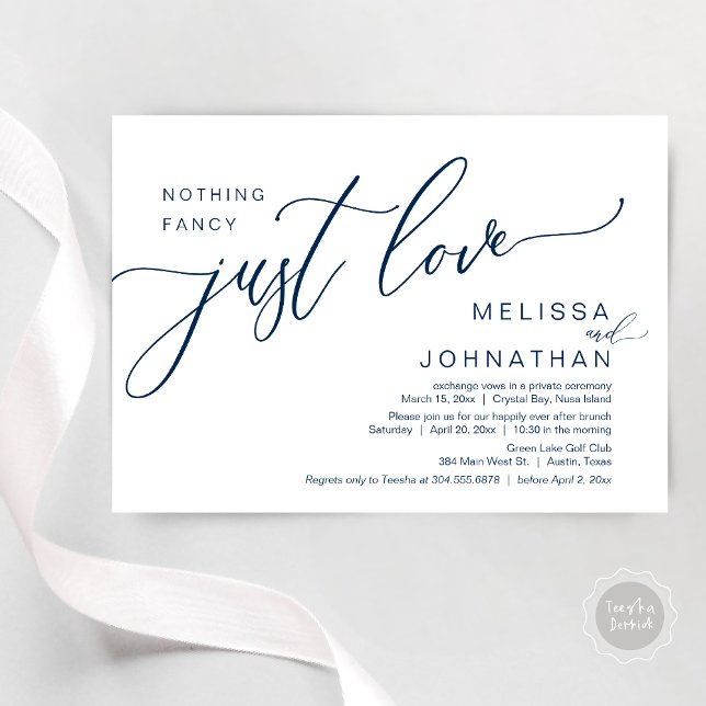 Convite Nada De Rico Apenas Amor, Elopement Brunch (Celebrate with us, Nothing Fancy Just Love, Romantic Wedding Brunch Invitation Card PDF Navy Blue)