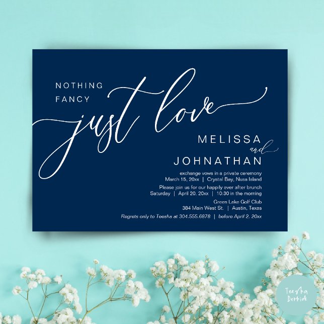 Convite Nada De Rico Apenas Amor, Elopement Brunch (Celebrate with us, Nothing Fancy Just Love, Romantic Wedding Brunch Invitation Card PDF Navy Blue)