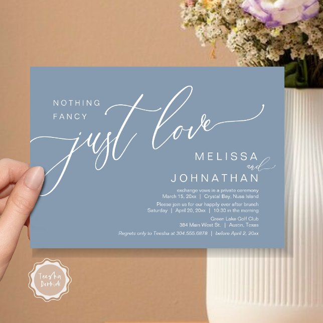 Convite Nada De Rico Apenas Amor, Elopement Brunch (Celebrate with us, Nothing Fancy Just Love, Romantic Wedding Brunch Invitation Card PDF Dusty Blue)