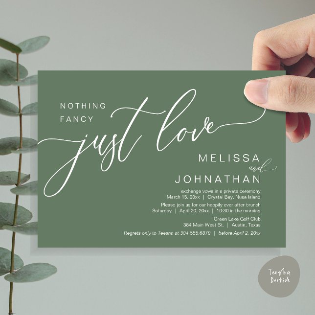 Convite Nada De Rico Apenas Amor, Elopement Brunch (Celebrate with us, Nothing Fancy Just Love, Romantic Wedding Brunch Invitation Card PDF Sage Green)