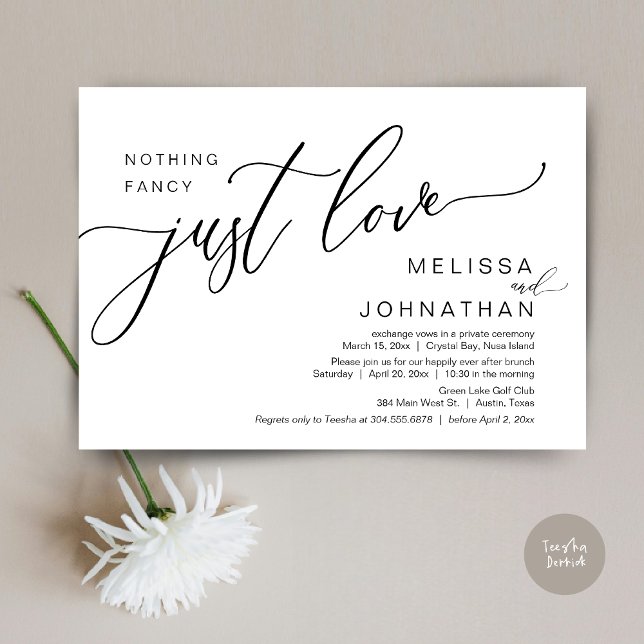 Convite Nada De Rico Apenas Amor, Elopement Brunch (Celebrate with us, Nothing Fancy Just Love, Romantic Wedding Brunch Invitation Card PDF Black White)