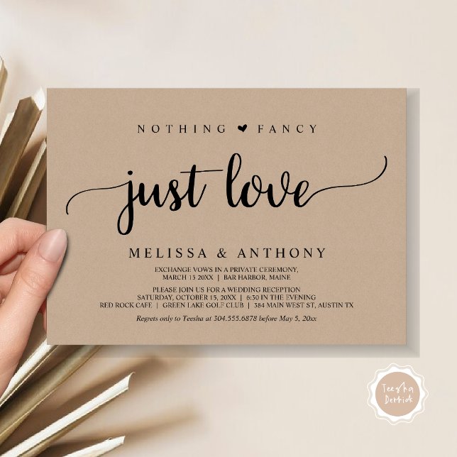 Convite Nada De Rico Apenas Amor, Elopemento, Casamento Ru (Nothing Fancy Just Love, Elopement, Rustic Script Wedding Invitation Card, in Brown Kraft)