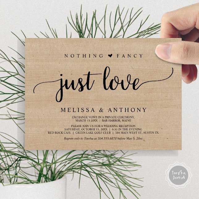 Convite Nada De Rico Apenas Amor, Elopemento, Casamento Ru (Nothing Fancy Just Love, Elopement, Rustic Script Wedding Invitation Card, in Brown Wood)