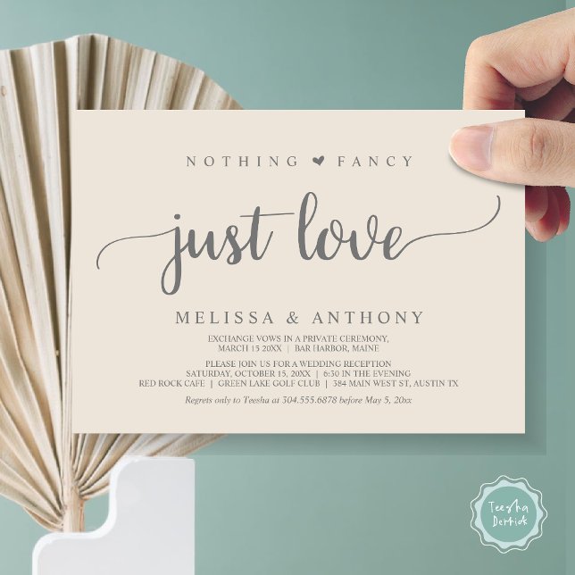 Convite Nada De Rico Apenas Amor, Elopemento, Casamento Ru (Nothing Fancy Just Love, Elopement, Rustic Script Wedding Invitation Card, in Grey Cream)