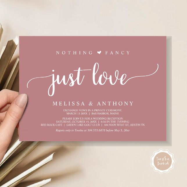 Convite Nada De Rico Apenas Amor, Elopemento, Casamento Ru (Nothing Fancy Just Love, Elopement, Rustic Script Wedding Invitation Card, in Dusty Rose Pink)