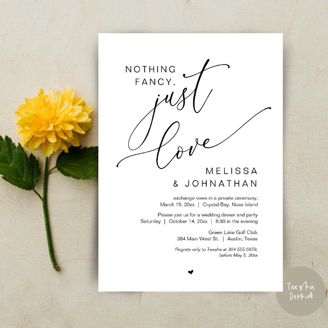 Convite Nada De Rico, Apenas Amor, Elopemento De Casamento (Nothing Fancy, Just Love, Wedding Elopement Dinner Party Invitation Card, PDF, In Black and White)