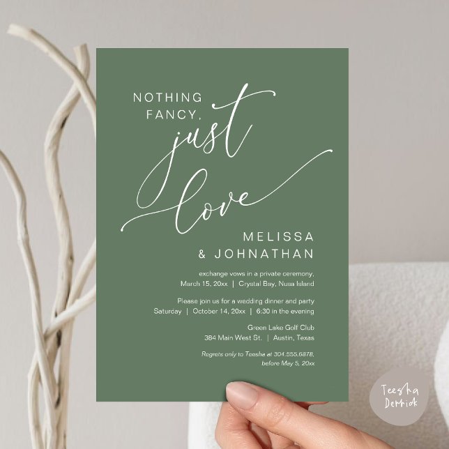 Convite Nada De Rico, Apenas Amor, Elopemento De Casamento (Nothing Fancy, Just Love, Wedding Elopement Invitation Card, PDF, Greenery Sage Green)
