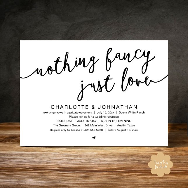 Convite Nada de Rico, apenas amor, festa de elogio de casa (Nothing Fancy, Just Love, Wedding Elopement Dinner Lunch Brunch Party Invites Card  PDF Black White)
