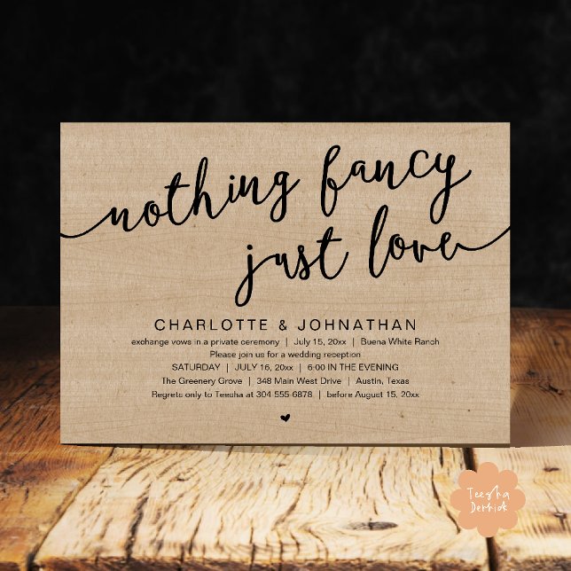 Convite Nada de Rico, apenas amor, festa de elogio de casa (Nothing Fancy, Just Love, Wedding Elopement Dinner Lunch Brunch Party Invites Card  PDF Brown Wood)