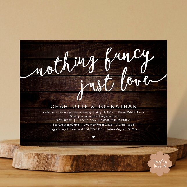 Convite Nada de Rico, apenas amor, festa de elogio de casa (Nothing Fancy, Just Love, Wedding Elopement Dinner Lunch Brunch Party Invites Card  PDF Dark Wood)