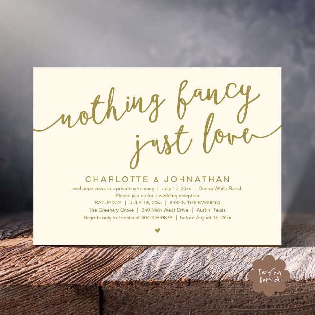 Convite Nada de Rico, apenas amor, festa de elogio de casa (Nothing Fancy, Just Love, Wedding Elopement Dinner Lunch Brunch Party Invites Card  PDF Yellow gold)