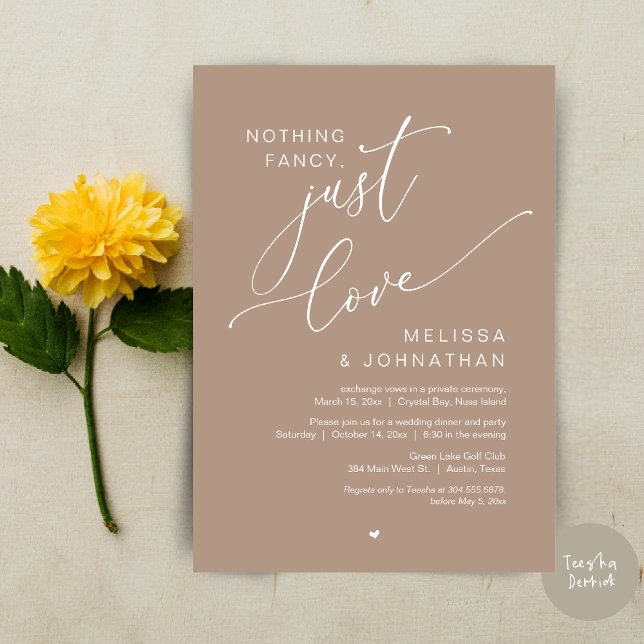 Convite Nada de Rico, apenas amor, festa de elogio de casa (Nothing Fancy, Just Love, Wedding Elopement Dinner Party Invitation Card, PDF, In Warm Taupe)