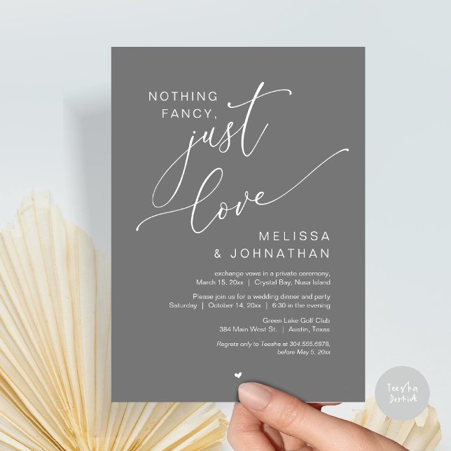 Convite Nada de Rico, apenas amor, festa de elogio de casa (Nothing Fancy, Just Love, Wedding Elopement Dinner Party Invitation Card, PDF, In Dark Grey)