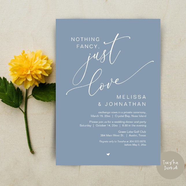 Convite Nada de Rico, apenas amor, festa de elogio de casa (Nothing Fancy, Just Love, Wedding Elopement Dinner Party Invitation Card, PDF, In Dusty Blue)
