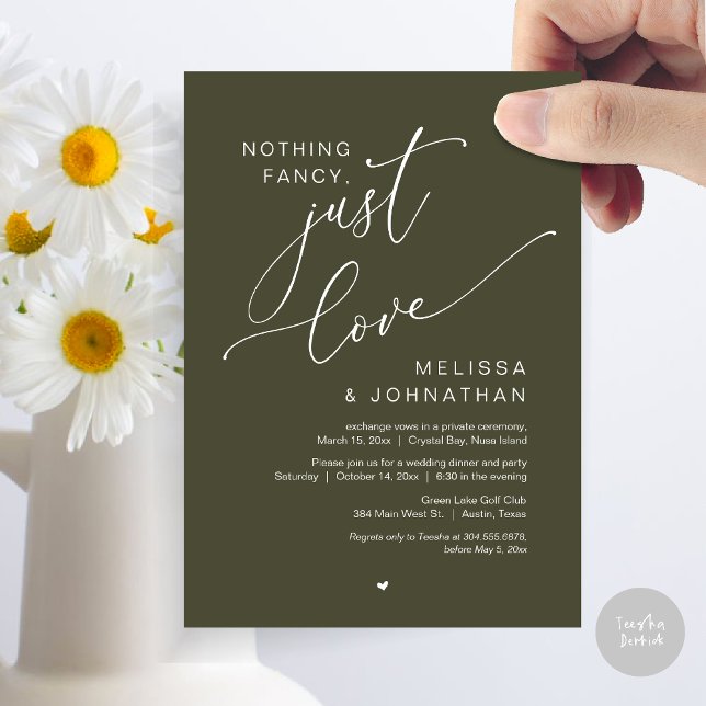 Convite Nada de Rico, apenas amor, festa de elogio de casa (Nothing Fancy, Just Love, Wedding Elopement Dinner Party Invitation Card, PDF, In Olive Green)