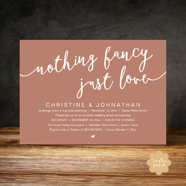 Convite Nada de Rico, apenas amor, festa de elogio de casa (Nothing Fancy, Just Love, Wedding Elopement Party Invites Card PDF Modern Cottage Rustic Terracotta)