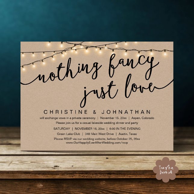 Convite Nada de Rico, apenas amor, festa de elogio de casa (Nothing Fancy, Just Love, Wedding Elopement Party Invites Card PDF Rustic Cottage Light Brown Kraft)