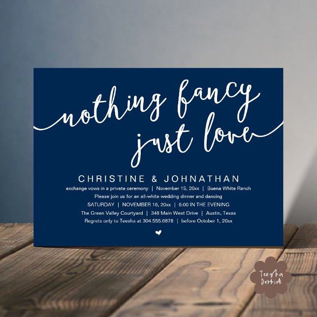 Convite Nada de Rico, apenas amor, festa de elogio de casa (Nothing Fancy, Just Love, Wedding Elopement Party Invites Card PDF Modern Cottage Rustic Navy Blue)