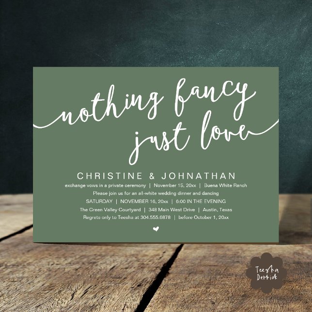 Convite Nada de Rico, apenas amor, festa de elogio de casa (Nothing Fancy, Just Love, Wedding Elopement Party Invites Card PDF Cottage Rustic Sage Green)