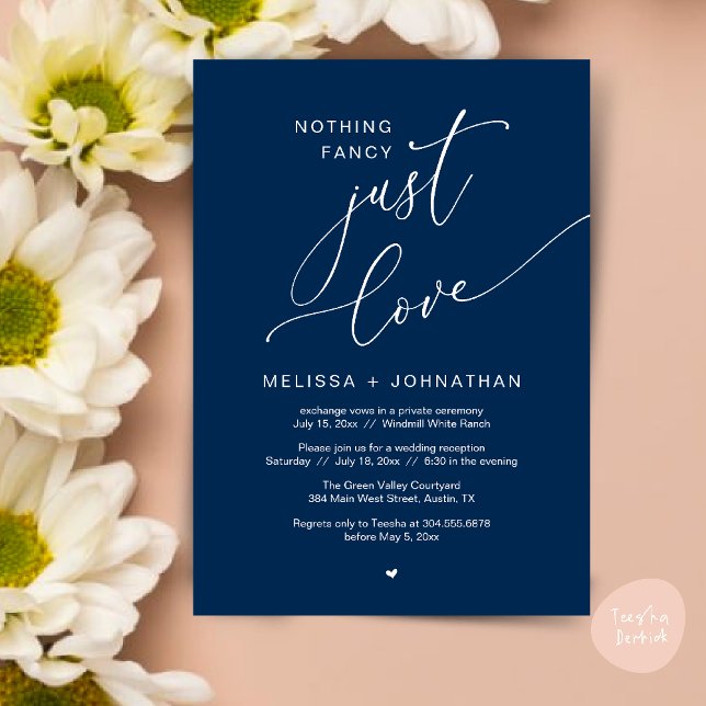 Convite Nada de Rico, apenas amor, festa Recepção de casam (Nothing Fancy Just Love Wedding Reception Dinner Lunch Brunch Romantic Invites Card PDF Navy Blue)
