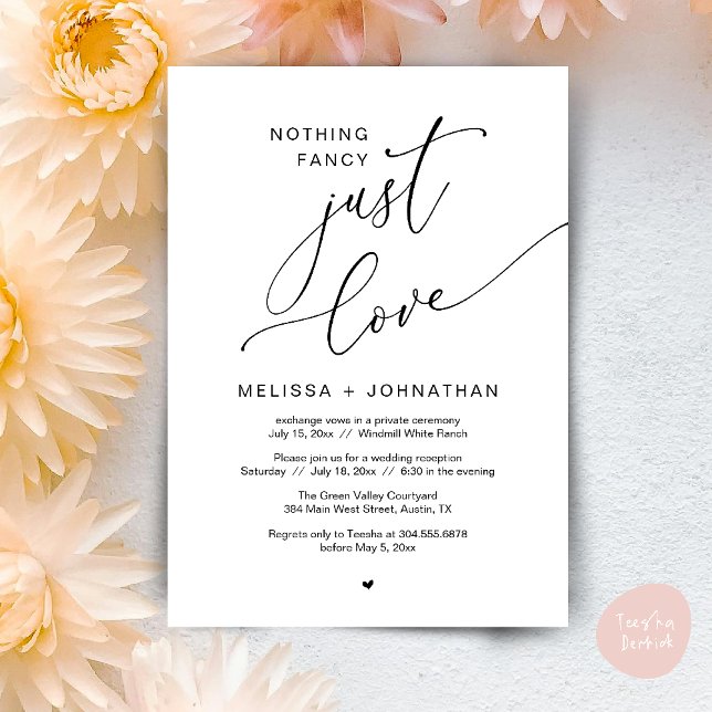 Convite Nada de Rico, apenas amor, festa Recepção de casam (Nothing Fancy Just Love Wedding Reception Dinner Lunch Brunch Romantic Invites Card PDF Black White)