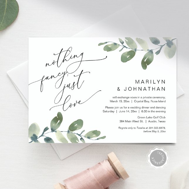 Convite Nada de Rico, apenas amor Janto de casamento Eucal (Nothing Fancy, Just Love Wedding Elopement Dinner Reception Invitation Card, Greenery Eucalyptus)