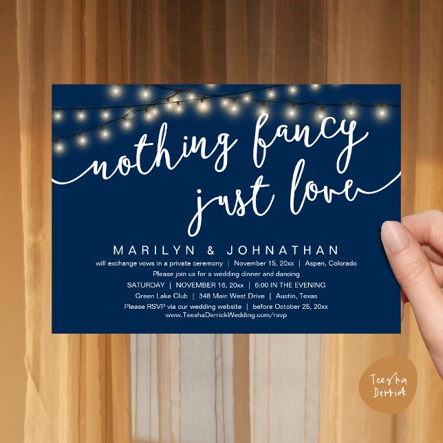 Convite Nada de Rico, apenas amor, Janto de casamento russ (Nothing Fancy, Just Love, Rustic Cottage String Lights, Wedding Dinner Invites Card, PDF, Navy Blue)