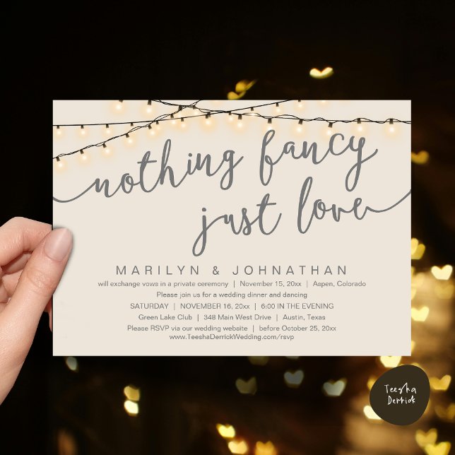 Convite Nada de Rico, apenas amor, Janto de casamento russ (Nothing Fancy, Just Love, Rustic Cottage String Lights, Wedding Dinner Invites Card, PDF, Cream Grey)
