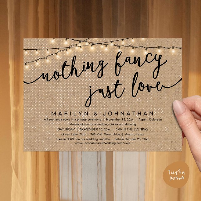 Convite Nada de Rico, apenas amor, Janto de casamento russ (Nothing Fancy, Just Love, Rustic Cottage String Lights, Wedding Dinner Invites Card, PDF Brown Kraft)