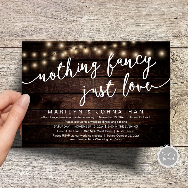Convite Nada de Rico, apenas amor, Janto de casamento russ (Nothing Fancy, Just Love, Rustic Cottage String Lights, Wedding Dinner Invites Card, PDF, Brown Wood)