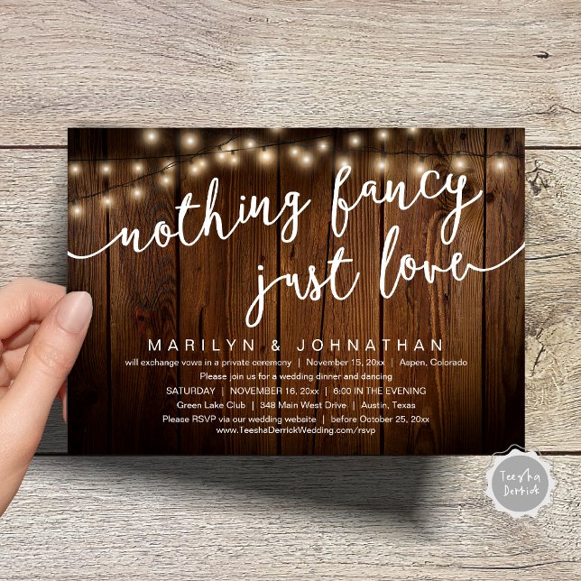 Convite Nada de Rico, apenas amor, Janto de casamento russ (Nothing Fancy, Just Love, Rustic Cottage String Lights, Wedding Dinner Invites Card, PDF, Brown Wood)