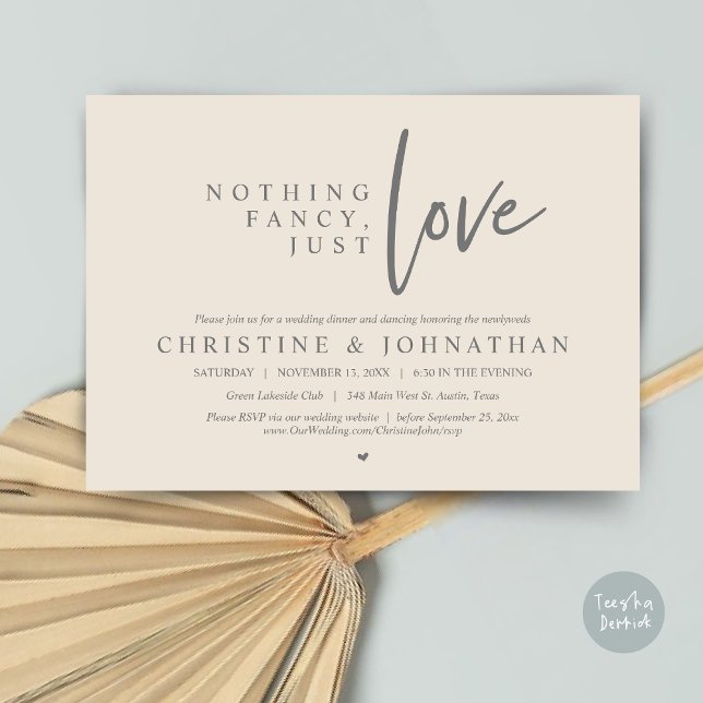 Convite Nada de Rico, apenas amor, Janto de elogios de cas (Nothing Fancy, Just Love, Wedding Elopement Dinner Invitation Card, PDF, in Grey Cream)