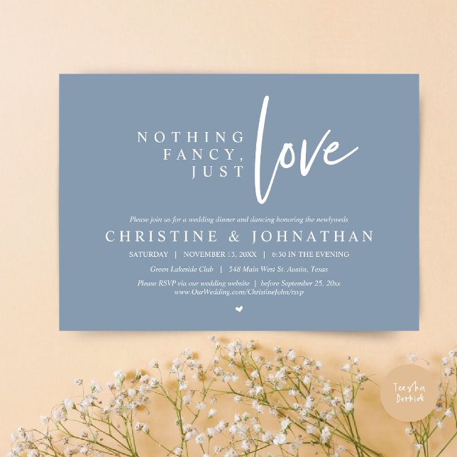 Convite Nada de Rico, apenas amor, Janto de elogios de cas (Nothing Fancy, Just Love, Wedding Elopement Dinner Invitation Card, PDF, in Dusty Blue)