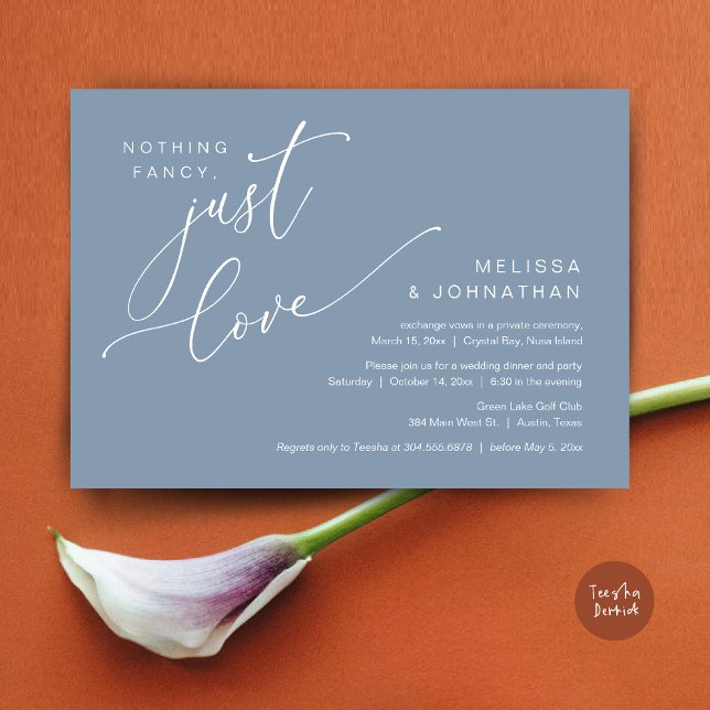 Convite Nada de Rico, apenas amor, Janto de elogios de cas (Nothing Fancy, Just Love, Wedding Elopement Dinner Invitation Card, PDF, in Dusty Blue)