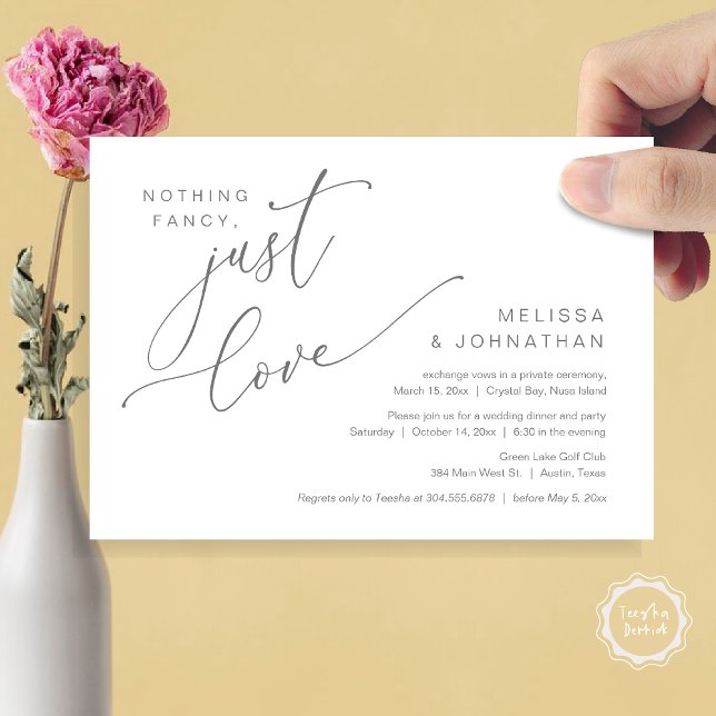 Convite Nada de Rico, apenas amor, Janto de elogios de cas (Nothing Fancy, Just Love, Wedding Elopement Dinner Invitation Card, PDF, in Dark Grey)