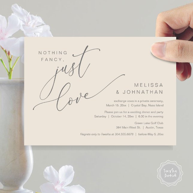 Convite Nada de Rico, apenas amor, Janto de elogios de cas (Nothing Fancy, Just Love, Wedding Elopement Dinner Invitation Card, PDF, in Cream and Grey)