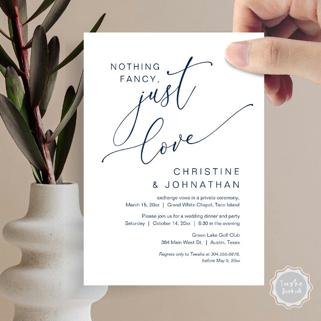 Convite Nada de Rico, apenas amor, Janto de elogios de cas (Nothing Fancy, Just Love, Wedding Elopement Dinner Party Invitation Card, PDF, Navy Blue)