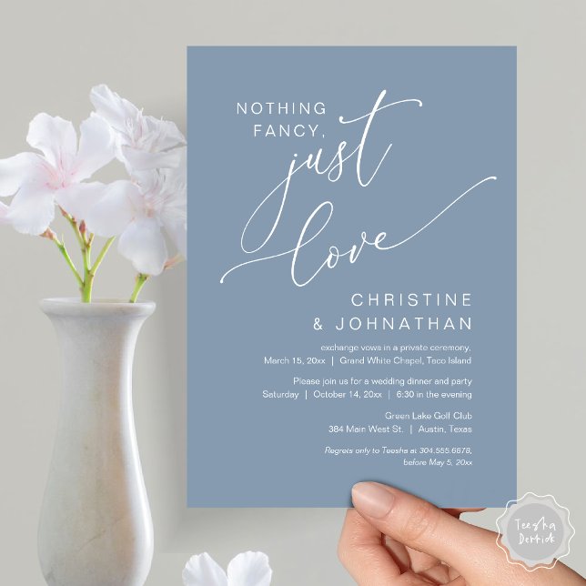 Convite Nada de Rico, apenas amor, Janto de elogios de cas (Nothing Fancy Just Love, Wedding Elopement Dinner Party Invitation Card, PDF, Dusty Blue)