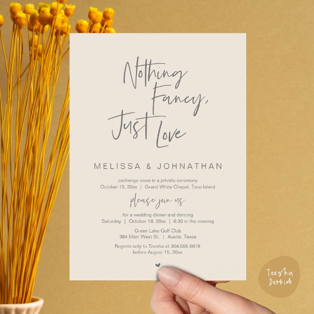 Convite Nada de Rico, apenas amor, Janto de elogios de cas (Happily Ever After Party, Wedding Elopement Dinner Brunch Lunch Invitation Card, PDF, Cream Grey)