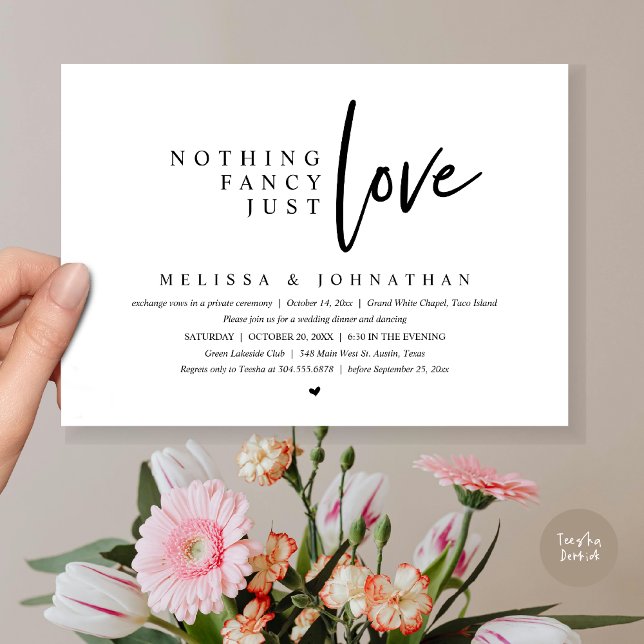 Convite Nada de Rico, apenas amor Janto de elogios de casa (Nothing Fancy, Just Love Wedding Elopement Dinner Party Invitation Card, PDF, White Black)