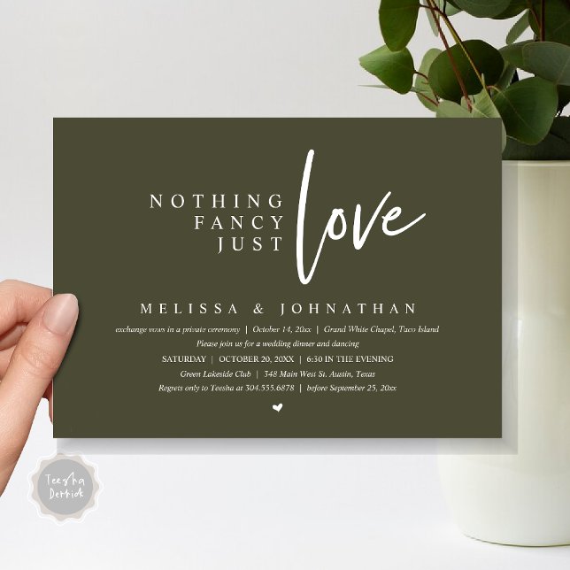Convite Nada de Rico, apenas amor Janto de elogios de casa (Nothing Fancy, Just Love Wedding Elopement Dinner Party Invitation Card, PDF, Olive Green)
