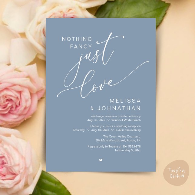 Convite Nada de Rico, apenas amor, Janto Recepção de casam (Nothing Fancy Just Love Wedding Reception Dinner Lunch Brunch Romantic Invites Card PDF Dusty Blue)