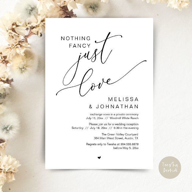Convite Nada de Rico, apenas amor, Janto Recepção de casam (Nothing Fancy Just Love Wedding Reception Dinner Lunch Brunch Romantic Invites Card PDF Black White)