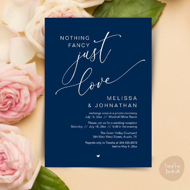 Convite Nada de Rico, apenas amor, Janto Recepção de casam (Nothing Fancy Just Love Wedding Reception Dinner Lunch Brunch Romantic Invites Card PDF Navy Blue)
