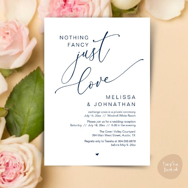 Convite Nada de Rico, apenas amor, Janto Recepção de casam (Nothing Fancy Just Love Wedding Reception Dinner Lunch Brunch Romantic Invites Card PDF Navy Blue)