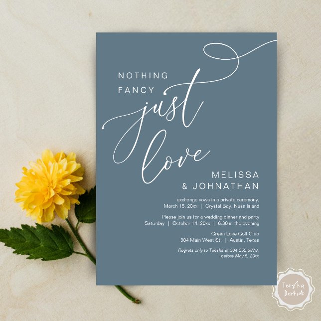 Convite Nada de Rico, apenas amor, Janto romântico de casa (Nothing Fancy, Just Love, Romantic Wedding Elopement Dinner Invitation Card, PDF, Dark Dusty Blue)