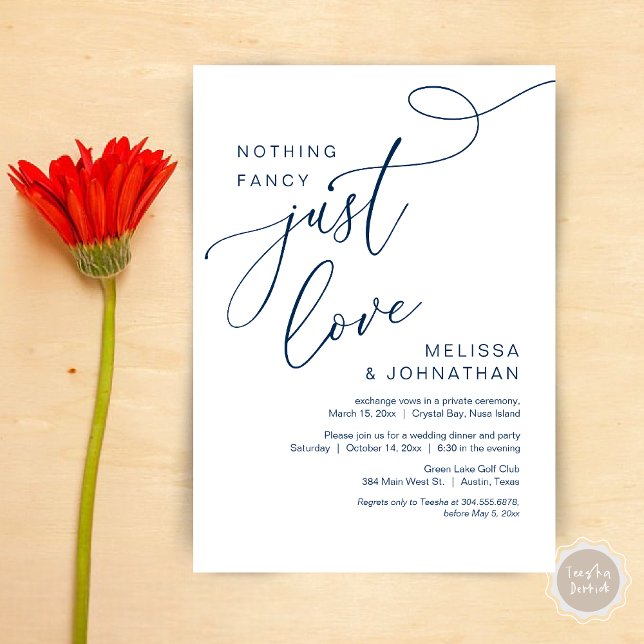 Convite Nada de Rico, apenas amor, Janto romântico de casa (Nothing Fancy, Just Love, Wedding Elopement Dinner Invitation Card, PDF, Modern Romantic, Navy Blue)
