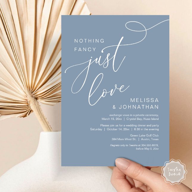 Convite Nada de Rico, apenas amor, Janto romântico de casa (Nothing Fancy, Just Love, Romantic Wedding Elopement Dinner Invitation Card, PDF, Dusty Blue)