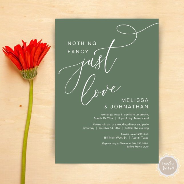 Convite Nada de Rico, apenas amor, Janto romântico de casa (Nothing Fancy, Just Love, Romantic Wedding Elopement Dinner Invitation Card, PDF, Forest Sage Green)