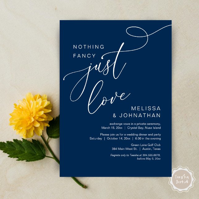 Convite Nada de Rico, apenas amor, Janto romântico de casa (Nothing Fancy, Just Love, Romantic Wedding Elopement Dinner Invitation Card, PDF, Navy Blue)